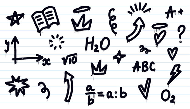 School graffiti set. Trendy Y2K urban street style on a lined notebook paper. Educational symbols. Splash effects and drops. Grunge and spray texture. Perfect for back-to-school and youth branding.