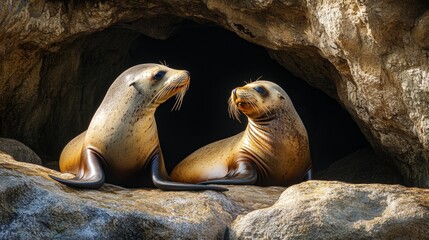 Fototapeta premium Two sea lions resting together in a cave.