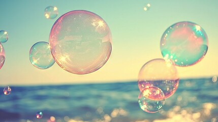   A collection of foamy spheres bobbing in mid-air above a serene aquatic expanse and azure skyline