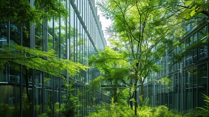A serene green space between modern glass buildings, showcasing nature's harmony with architecture.