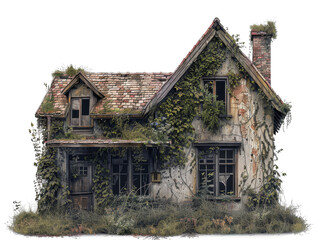 Abandoned cottage covered with vines and overgrown vegetation, showcasing a rustic, eerie atmosphere in an isolated setting.