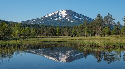   A mountain is in the distance, with a lake in the foreground and trees in the background