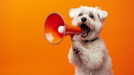 A small white dog with a red megaphone in its paws, barking loudly against a vibrant orange background.