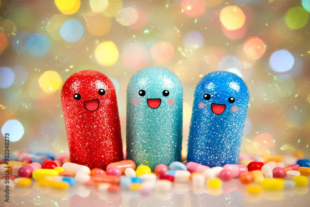 Poster adorable trio of glittery capsule characters with happy faces standing together on a colorful backgr