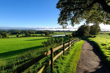 Obraz premium Scenic landscape featuring a winding path, lush green fields, and a tranquil river under a clear blue sky.