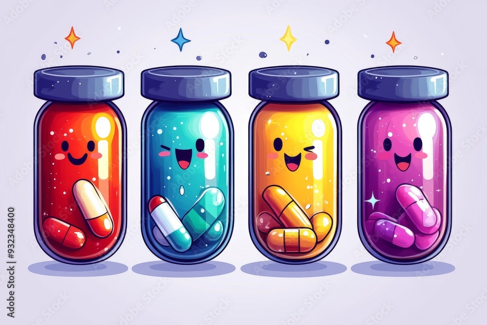 Aufkleber magical and vibrant scene of glowing pill bottles with smiling faces in a dark setting representing 