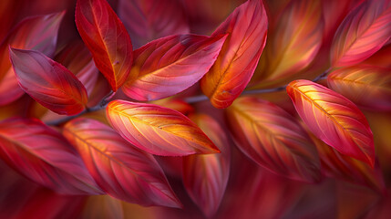 Obraz premium Bright autumn horizontal wallpaper with a close-up view of red leaves with yellow accents