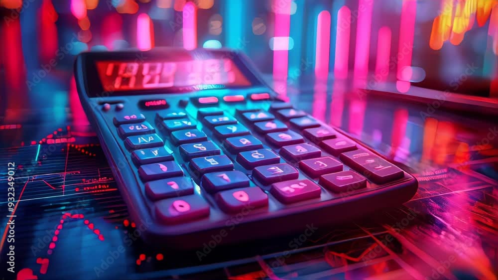 Poster close-up of a calculator resting on financial data charts. colorful digital graphic style with a blu