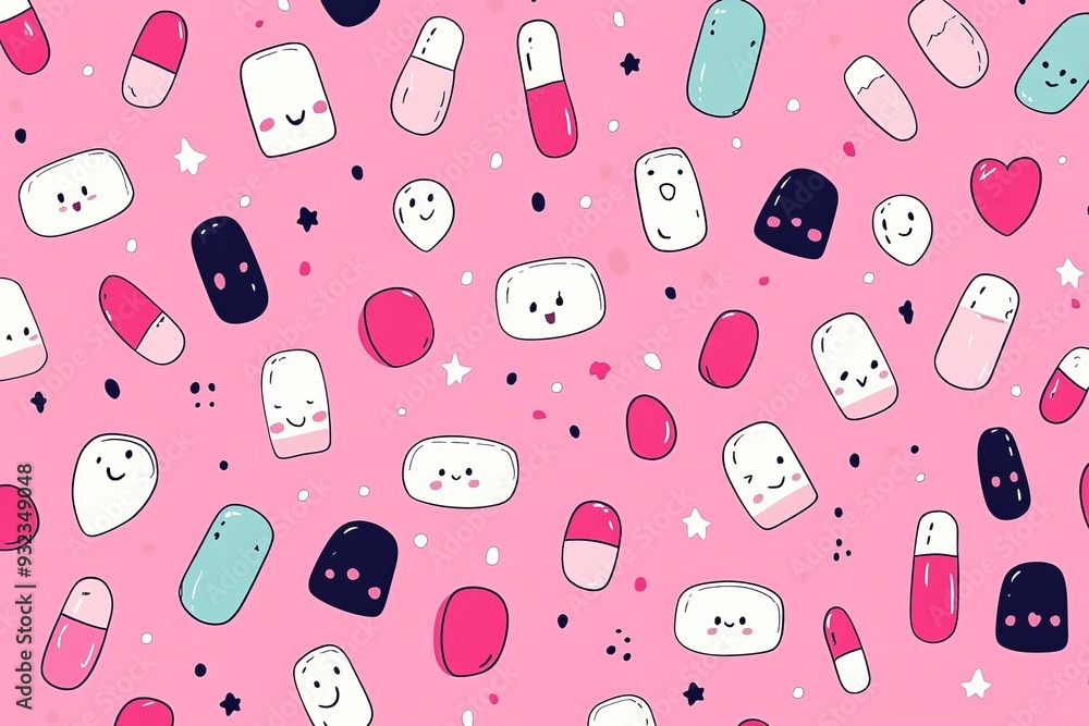 Poster playful and vibrant seamless pattern of tiny pill characters on a pastel background showcasing the d