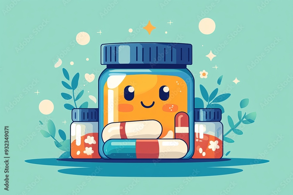 Poster adorable pill bottle character with a cheerful face surrounded by colorful capsules set against a so
