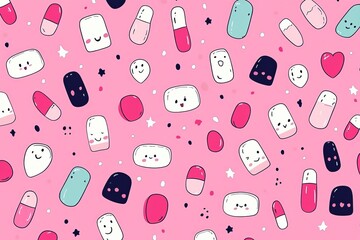 Playful and vibrant seamless pattern of tiny pill characters on a pastel background showcasing the diversity and creativity in healthcare and medication design