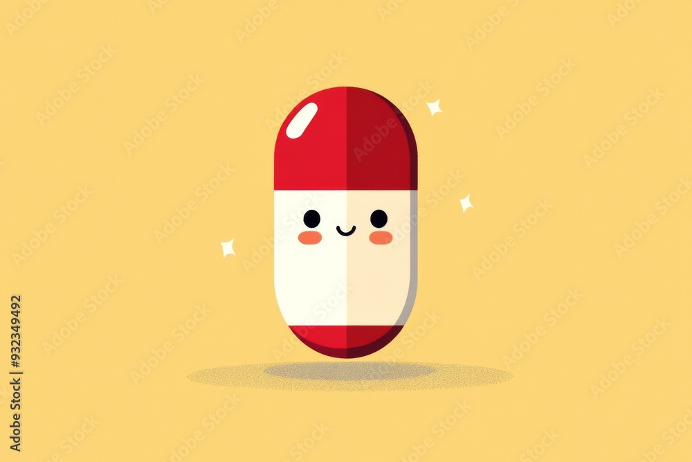 Poster Minimalistic illustration of a single red and white pill character with a smiling face set against a beige background symbolizing simplicity and effectiveness in healthcare