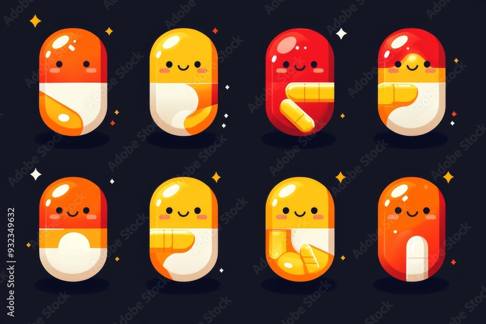 Poster adorable and vibrant collection of capsule characters with various expressions set against a dark ba