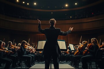 A conductor passionately directs an orchestra seated on stage, guiding musicians through a complex musical score during a live performance