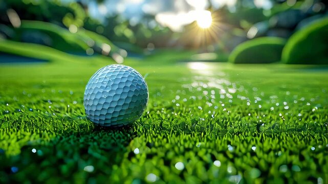 Close-up of a golf ball resting on green grass with sunlight and bokeh effect in the background. Concept of outdoor sports and recreation