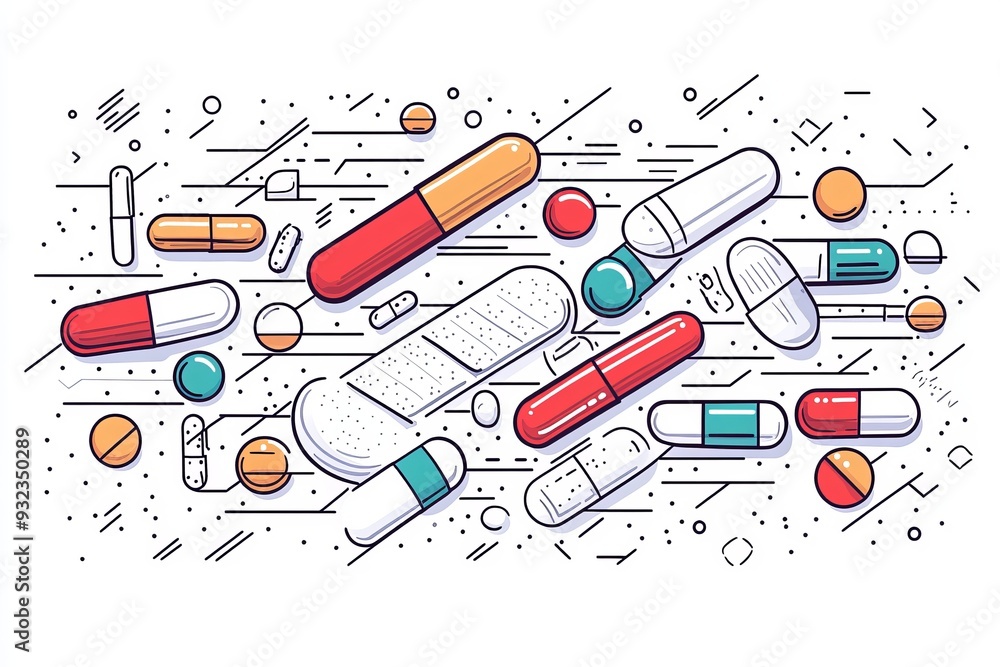 Poster intricate and detailed illustration of various capsules and pills arranged in a chaotic pattern on a