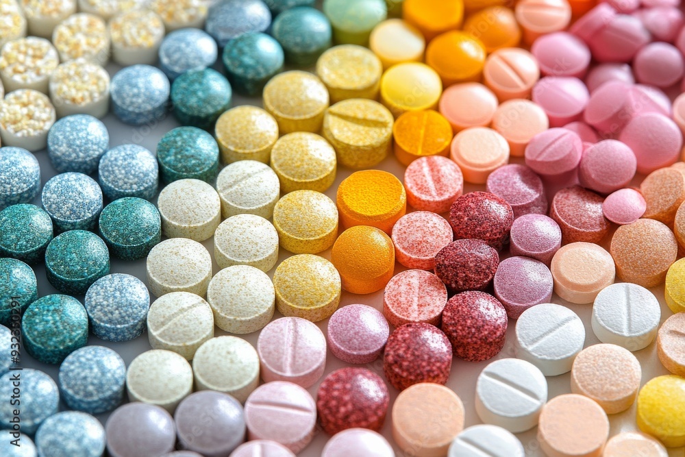 Poster dynamic and vibrant pattern of multicolored pills and capsules arranged neatly on a bright backgroun