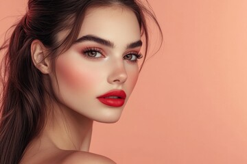 Fototapeta premium A woman with long dark brown hair styled in a low ponytail poses gracefully, highlighting her flawless skin and vibrant red lips against a soft peach backdrop