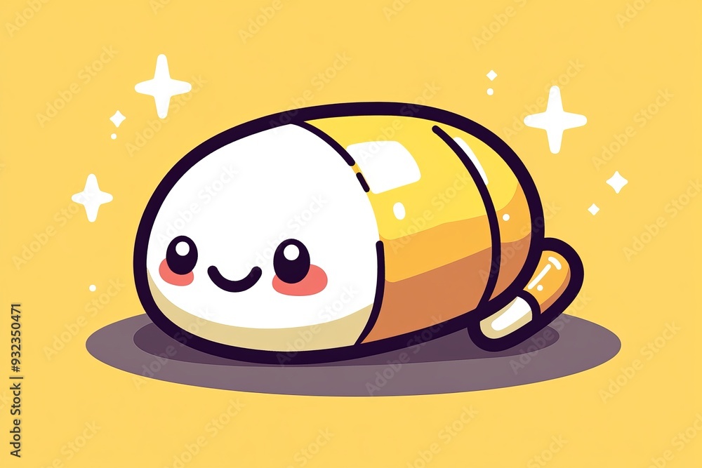 Poster adorable and minimalistic illustration of a golden capsule character with a smiling face set against