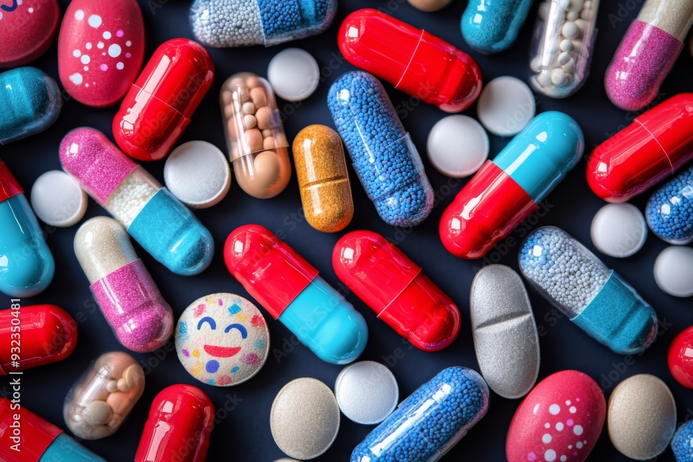 Poster dynamic and vibrant scattering of various colorful pills and capsules on a dark background symbolizi