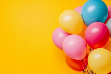 A closeup view of a variety of colorful balloons gathered together, creating a joyful and festive atmosphere on a bright yellow background