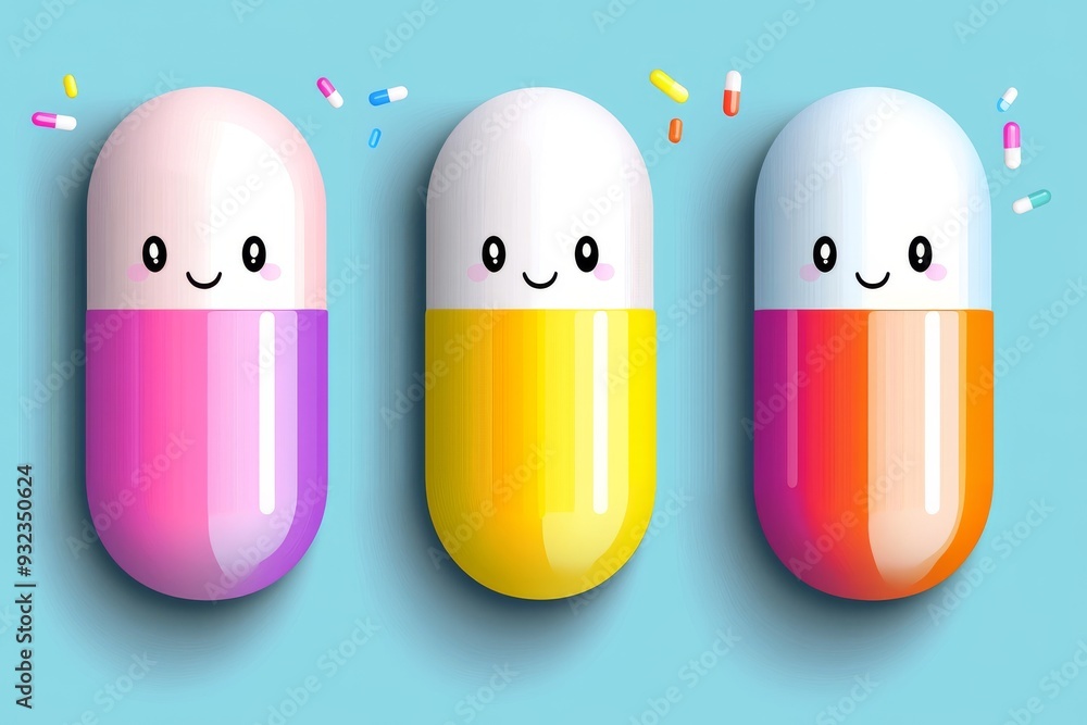 Poster adorable trio of capsule characters with smiling faces each in different colors standing together on