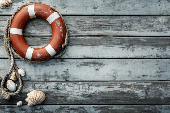 A vintage life preserver rests on a weathered wooden deck, surrounded by seashells, capturing the essence of a serene nautical beach atmosphere