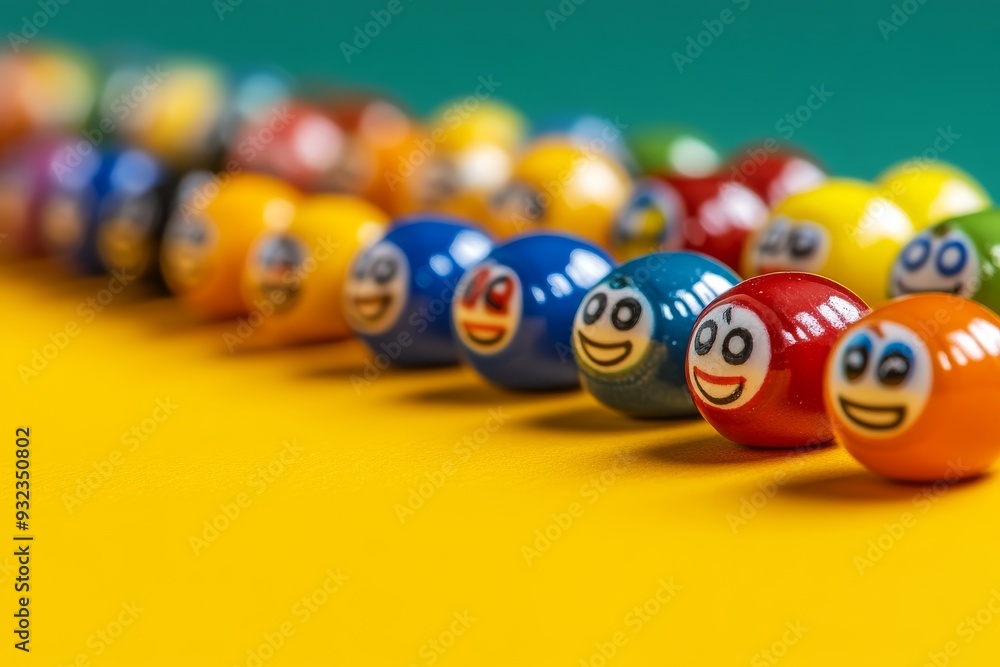 Poster whimsical and magical illustration of a group of pill characters in a row each with a smiling face s