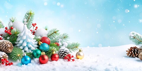 Winter Wonderland Christmas Decorations. A festive scene featuring a snowy fir branch with red berries, pine cones, and Christmas ornaments. 