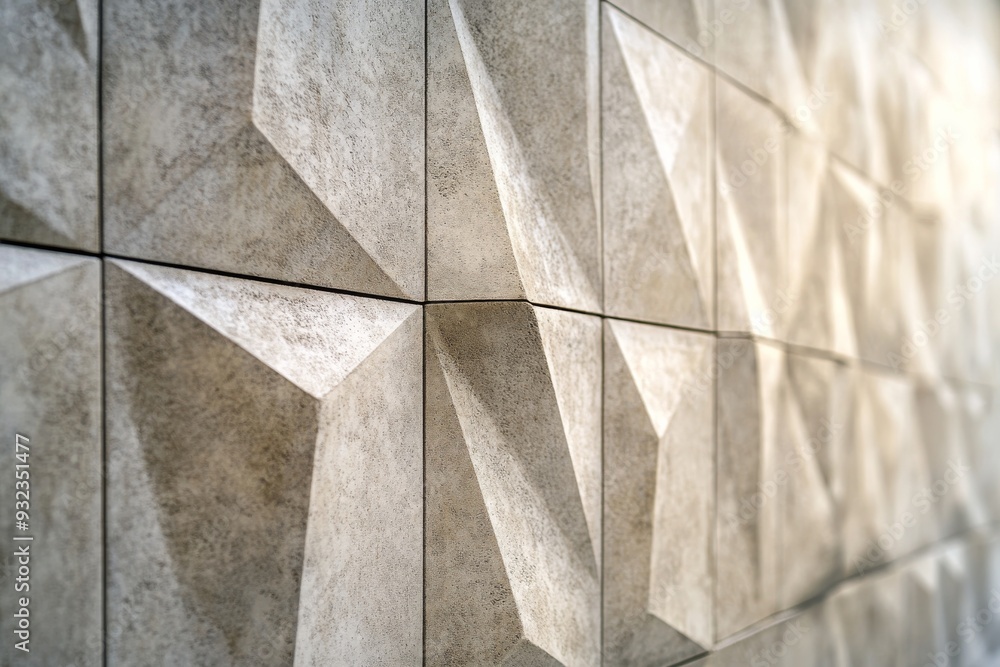 Wall mural Textured wall features a striking geometric pattern, creating a modern aesthetic with softly muted tones in a stylish interior