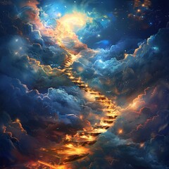 Obraz premium A mystical staircase ascending through vibrant clouds and cosmic lights.