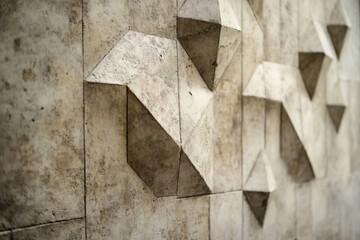 A textured wall displays a geometric abstract pattern with sharp angles and shadows, set against a muted backdrop that highlights the design's details