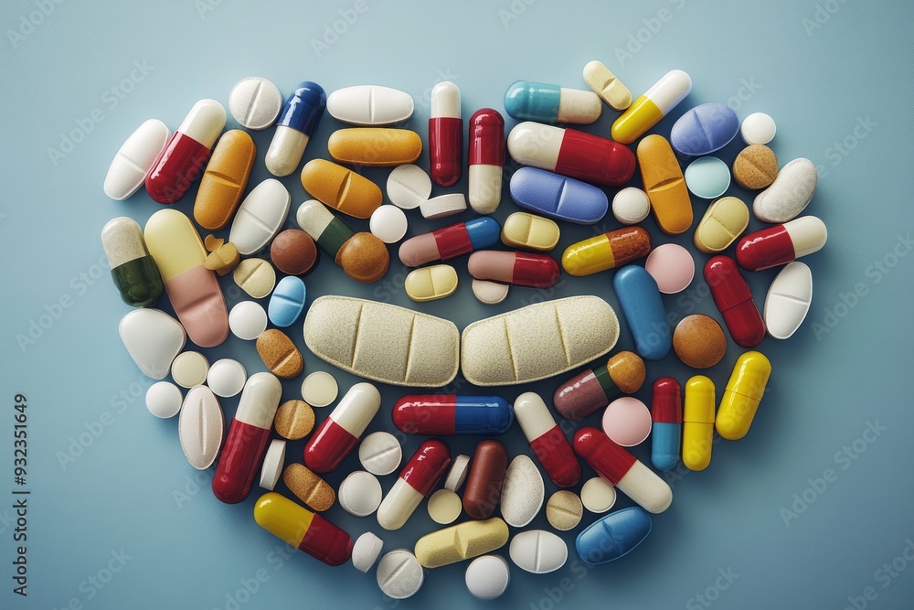Poster dynamic and chaotic scattering of various colorful pills and capsules in the shape of a heart on a b