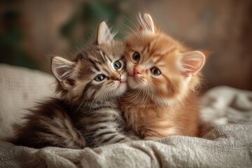 Two fluffy kittens snuggle closely, showcasing their playful expressions in a warm, inviting atmosphere