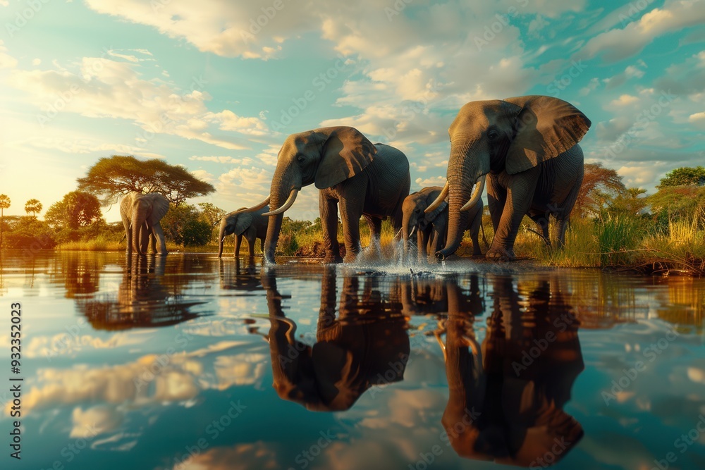 Poster elephants gather around a river, enjoying water while reflecting in the calm surface under the warm 