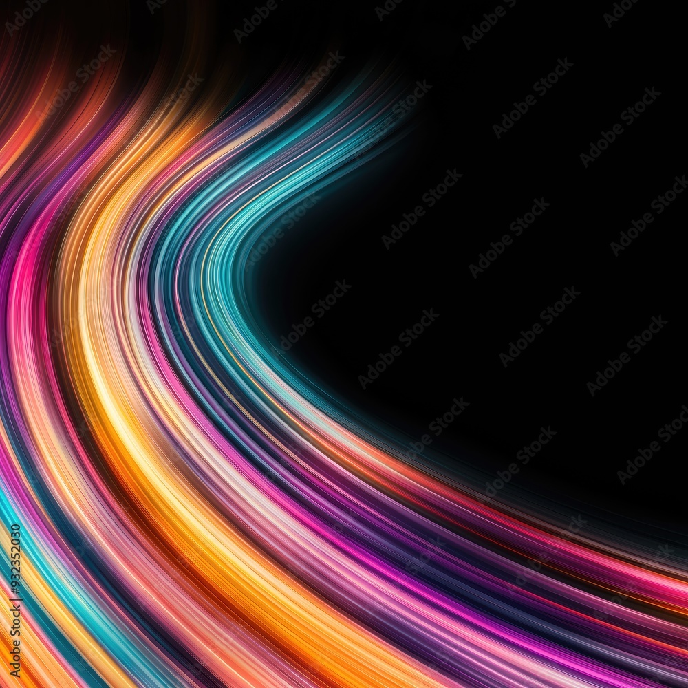 Poster neon curves in various colors on black background. energetic spectrum wave, dynamic and fluid design
