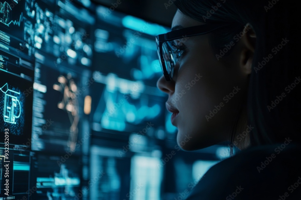 Poster a female it specialist is focused on identifying digital threats while surrounded by multiple comput