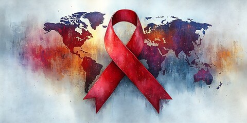 Red ribbon and world map symbolizing global AIDS awareness.