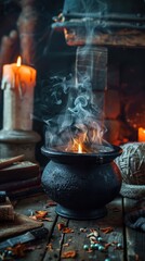 A witch brews a glowing potion in her cauldron, surrounded by candles and mystical herbs on a wooden table