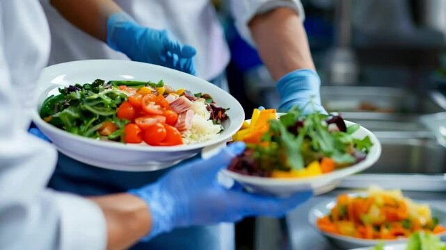Three chefs wearing blue gloves are holding plates with healthy balanced meals, ready to be served in a commercial kitchen