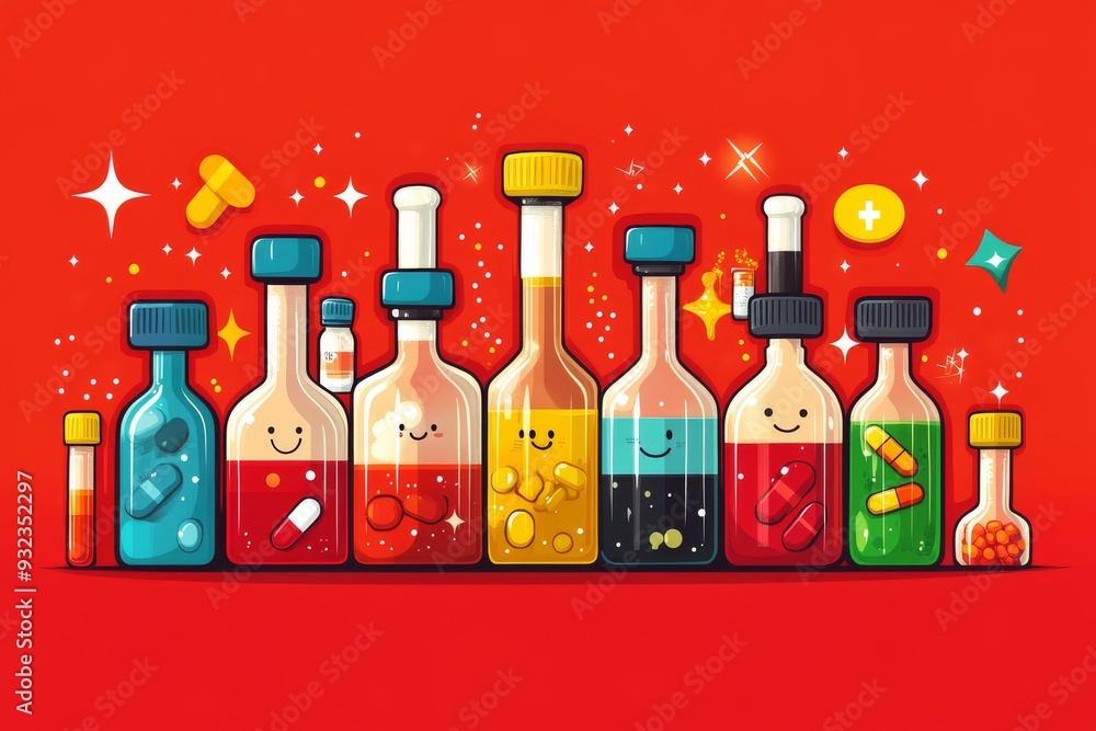 Poster vibrant and lively illustration of various pill bottles arranged in a row on a red background symbol