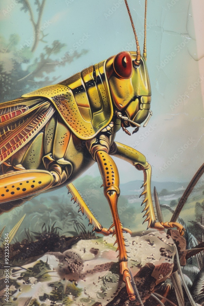 Poster a close-up image of a grasshopper sitting on a rock, showcasing its vibrant colors and natural habit