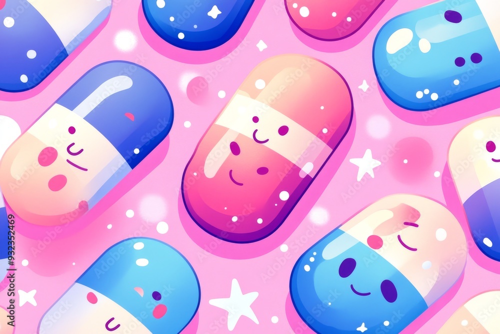 Poster Adorable and minimalistic illustration of capsule characters with various expressions set against a pastel background symbolizing simplicity and joy in healthcare