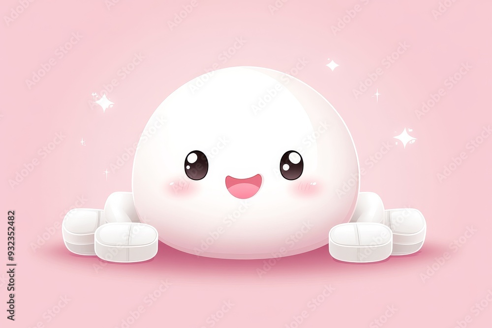 Poster adorable and minimalistic illustration of a round capsule character with a happy face set against a 
