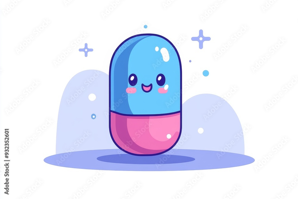 Poster Minimalistic and charming illustration of a capsule character with a happy face set against a blue background symbolizing simplicity and joy in healthcare