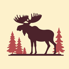 Silhouette of a moose standing among pine trees, minimalist nature design