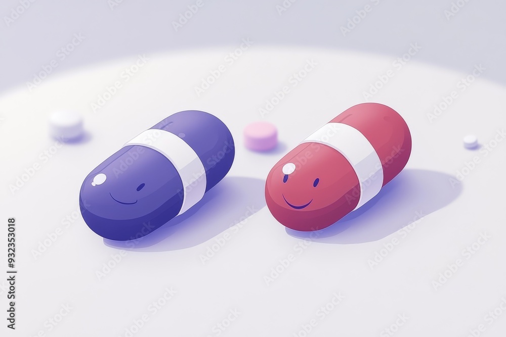 Aufkleber minimalistic and detailed illustration of two capsule characters with happy faces set against a past