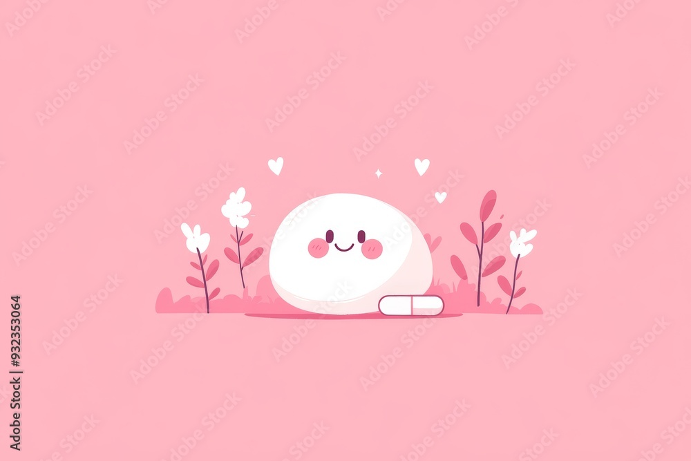 Poster charming and minimalistic illustration of a pill character with a happy face surrounded by sparkles 
