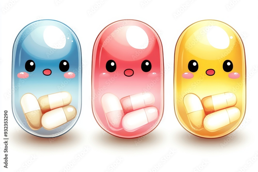 Poster adorable and vibrant illustration of three capsule characters with happy faces set against a white b