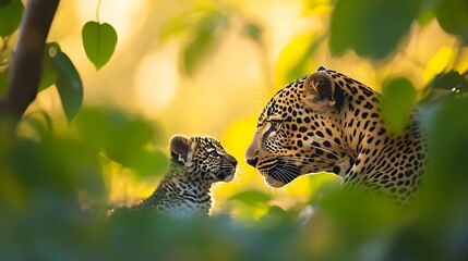 Fototapeta premium Close-Up of a Mother Leopard Grooming Her Cub in the Wild